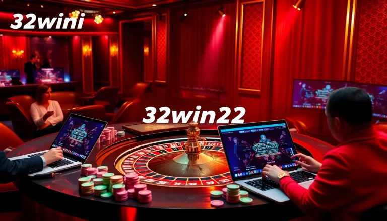 Experience the excitement of 32win32 at a luxurious virtual roulette table filled with vibrant chips and cards.