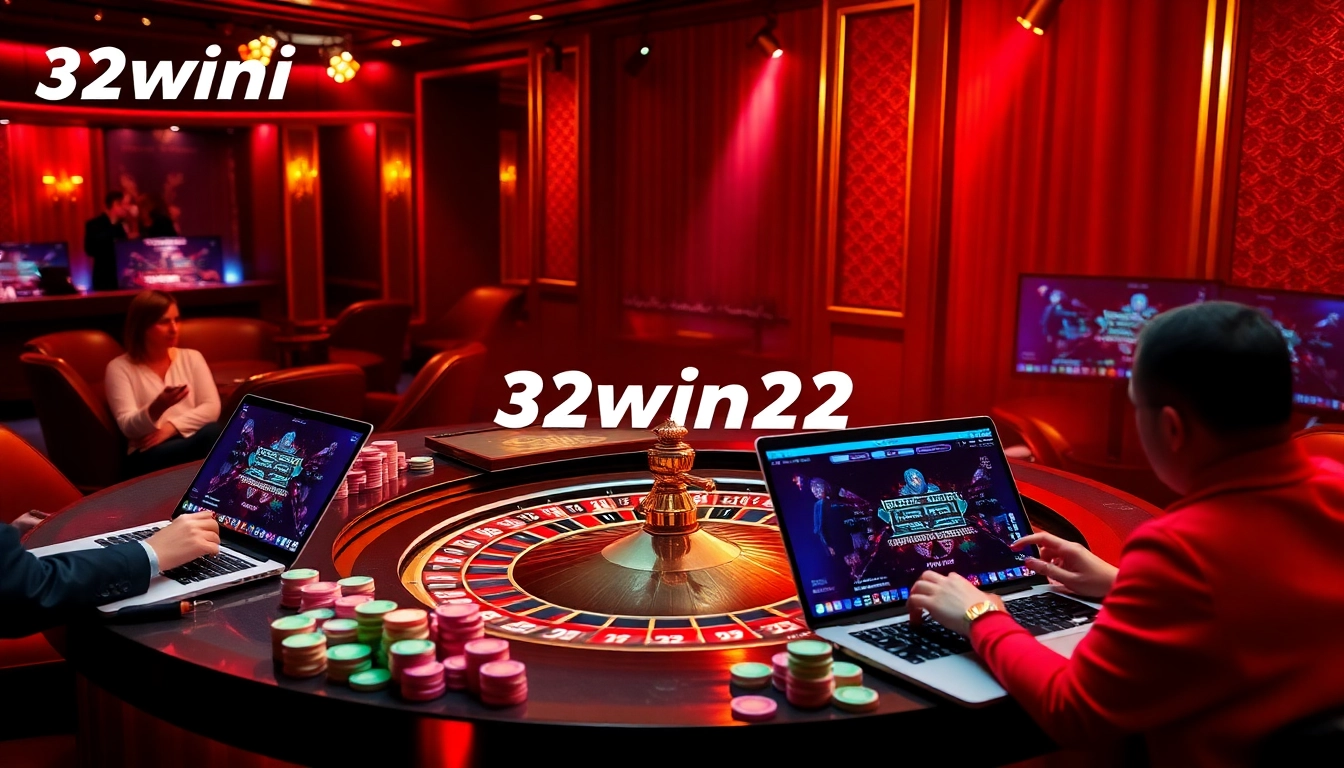 Experience the excitement of 32win32 at a luxurious virtual roulette table filled with vibrant chips and cards.