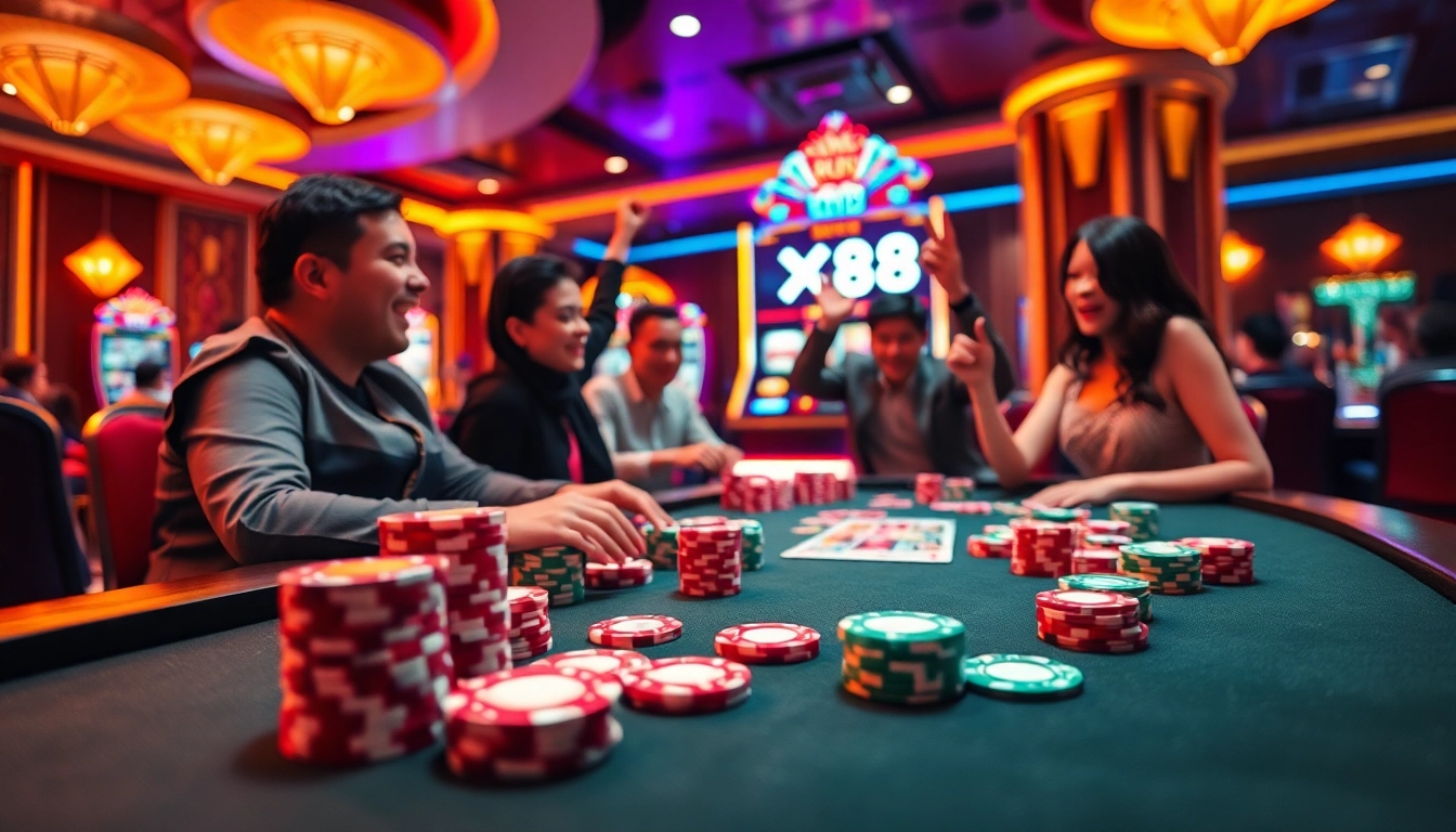 Experience the thrill of gaming at link xx88's vibrant casino, showcasing poker chips and a jackpot slot machine.