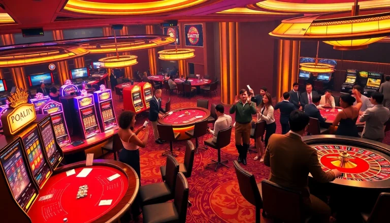 Excited gamblers at a vibrant casino inspired by https://kjc686.com/ with poker tables and slot machines.