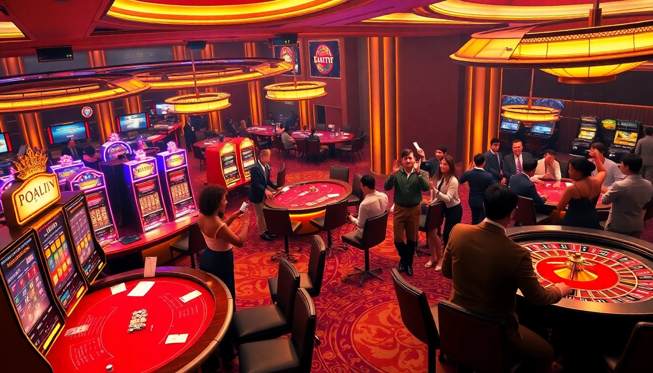 Excited gamblers at a vibrant casino inspired by https://kjc686.com/ with poker tables and slot machines.
