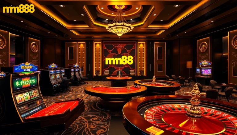 A dynamic gaming scene at Nhà Cái mm88 with poker tables, slot machines, and vibrant casino elements.