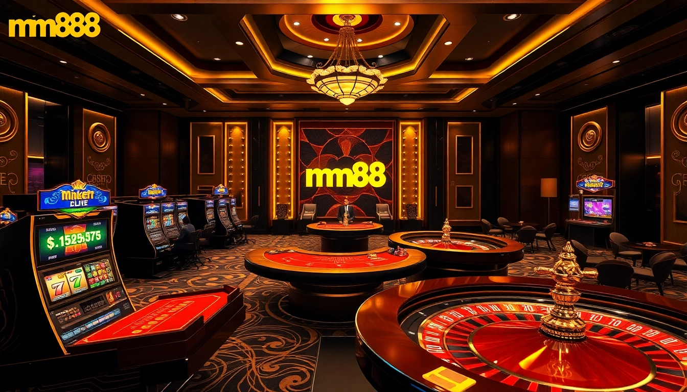 A dynamic gaming scene at Nhà Cái mm88 with poker tables, slot machines, and vibrant casino elements.