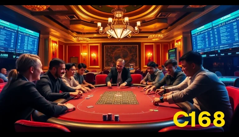 C168 poker table scene showcasing thrilling gameplay and luxury in a vibrant casino environment.