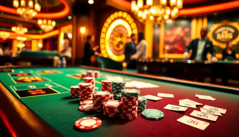 A vibrant casino scene showcasing tables at KJC.COM with players engaged in poker and roulette.