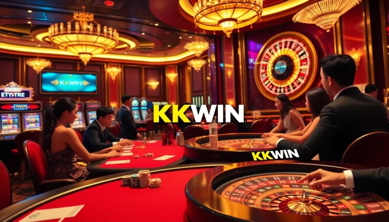 Exciting gaming action at KKWIN casino featuring poker tables and slot machines.