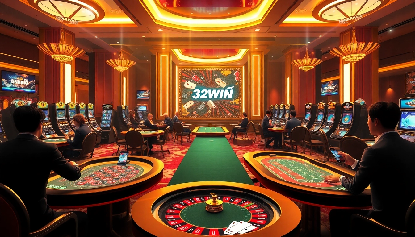 Players enjoying various casino games at Nhà Cái 32WIN, with vibrant tables and gambling elements.