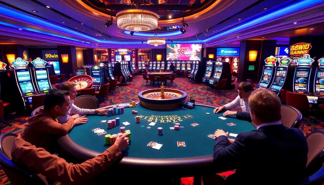 Players enjoying a thrilling poker game at 98win casino, showcasing vibrant chips and cards.