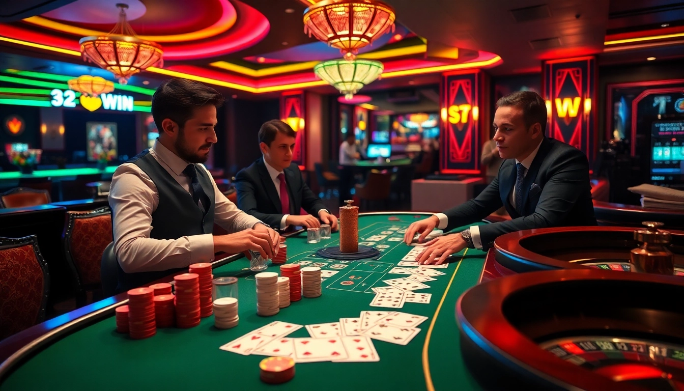 32win players enjoying a lively poker game at a luxurious casino table.