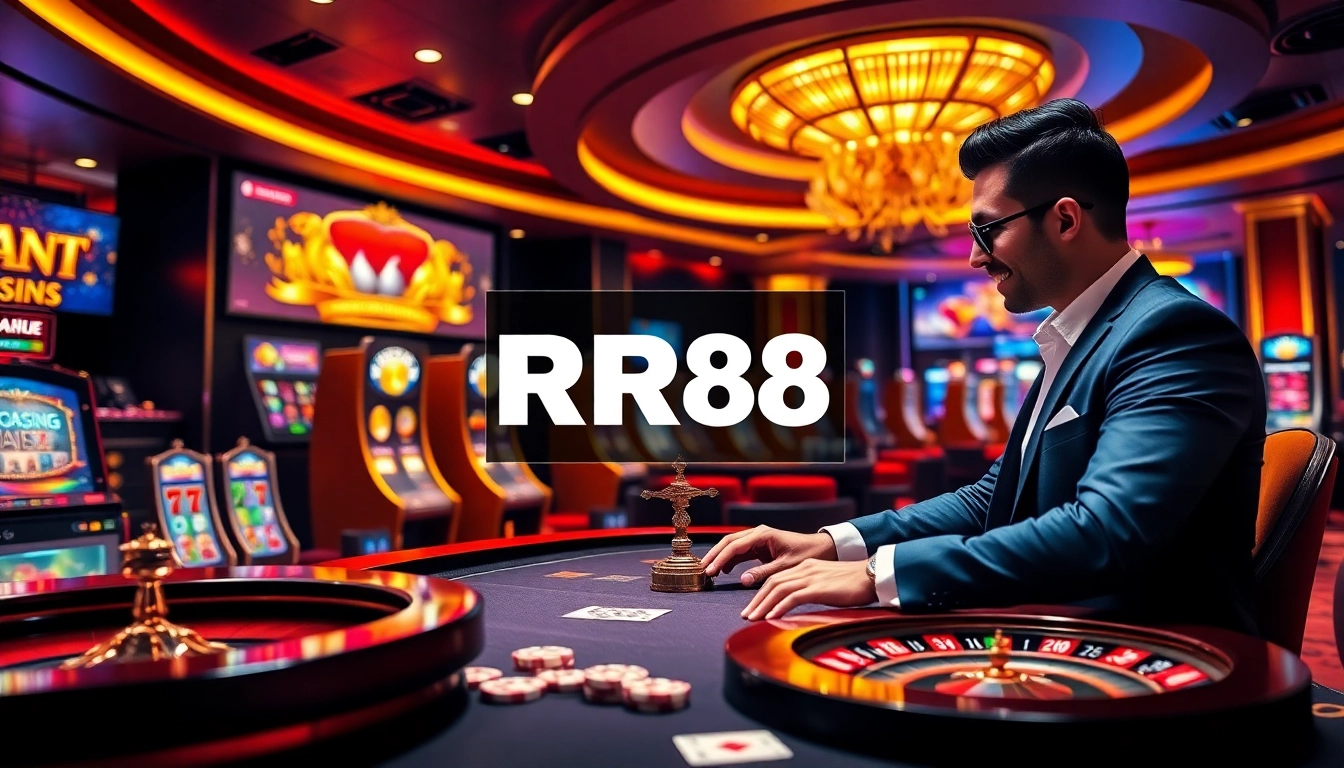 Engaged player enjoying RR88 online casino games with poker chips and cards.