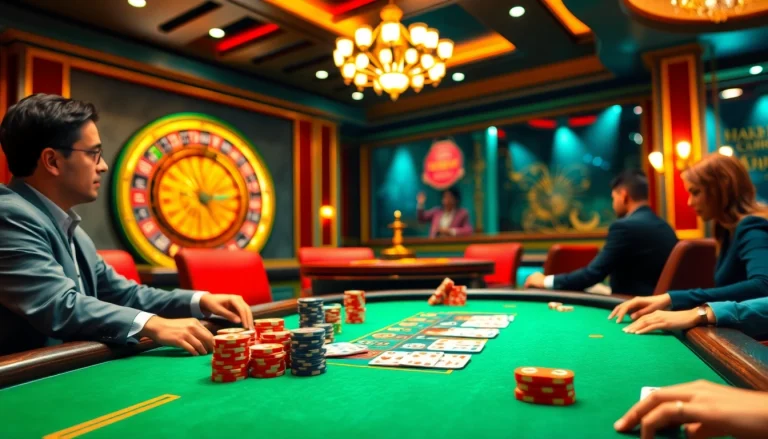 Exciting poker game at Nhà Cái BJ888 casino with colorful chips and cards.