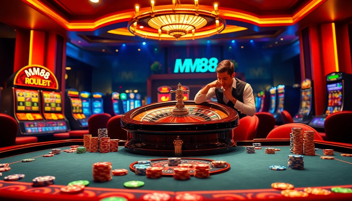 Experience thrilling action at Nhà Cái mm88 casino with vibrant poker chips and an elegant roulette wheel.