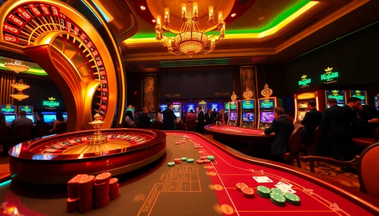 Engaging casino scene showcasing Hello88 with roulette, poker chips, and vibrant slot machines.