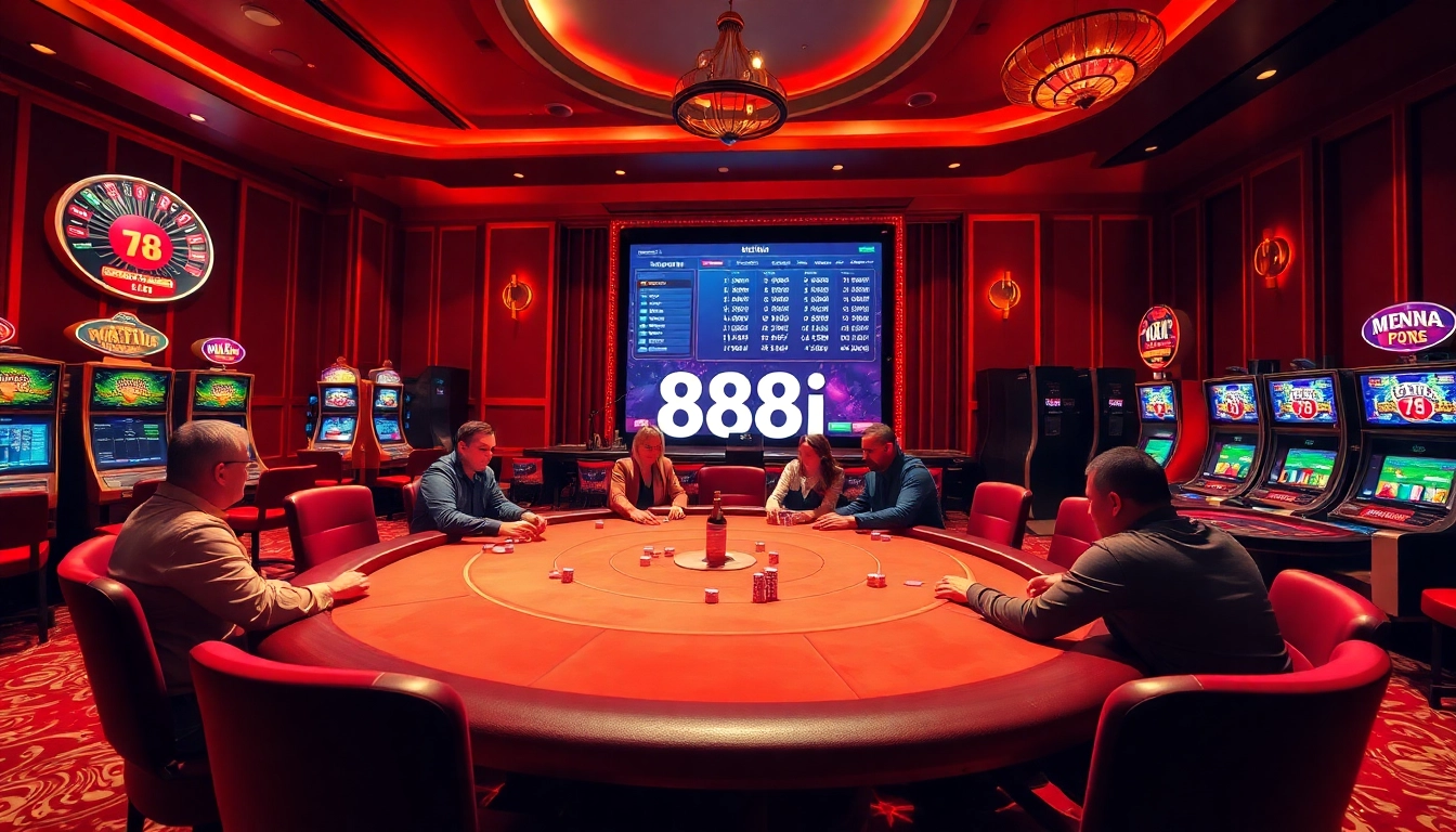 Engaging players in an exciting poker game at 88i casino, showcasing vibrant slot machines and roulette.