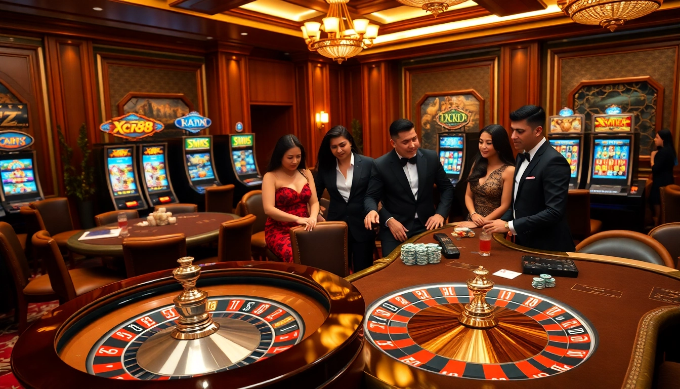 Experience thrilling gameplay at XX88's luxurious casino, featuring poker tables and vibrant slot machines.
