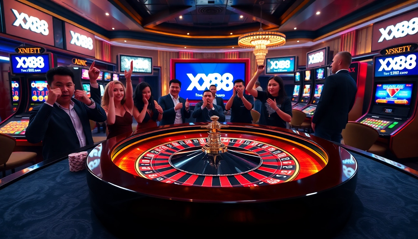 Players celebrating a win at the XX88 casino with vibrant slot machines and luxurious decor