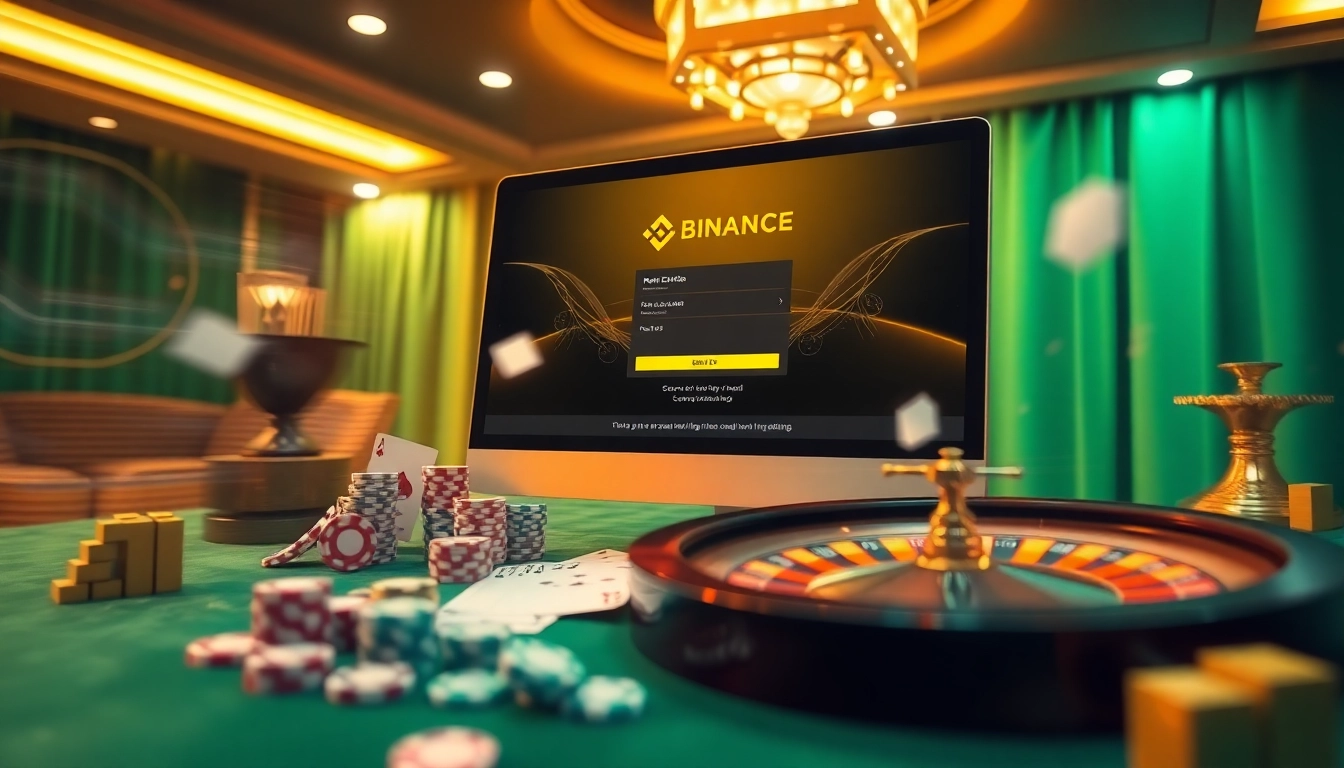 Engaging scene of 바이낸스 회원가입 with poker chips and roulette wheel, evoking excitement.