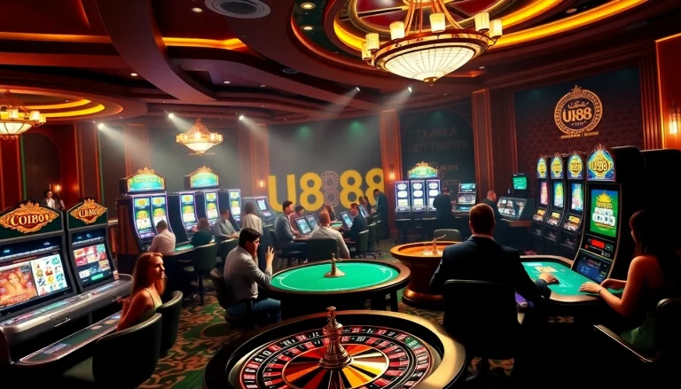 Experience thrilling U888 gameplay at luxurious casino tables with poker chips and slot machines.