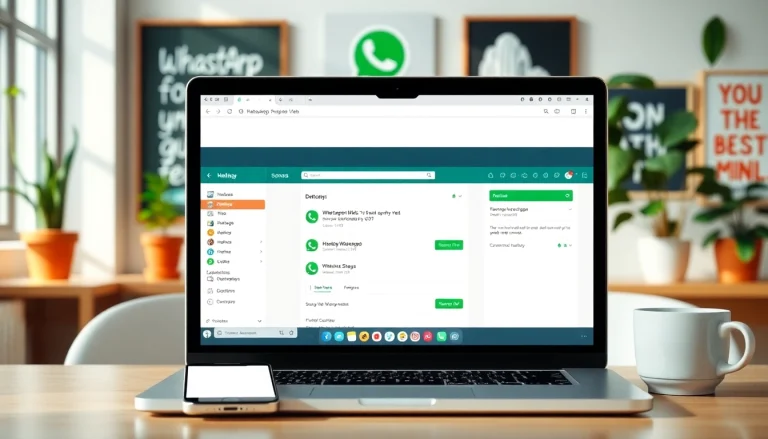 在笔记本上展示 WhatsApp Web 的沉浸式数字工作空间，突出快连官网的沟通体验。