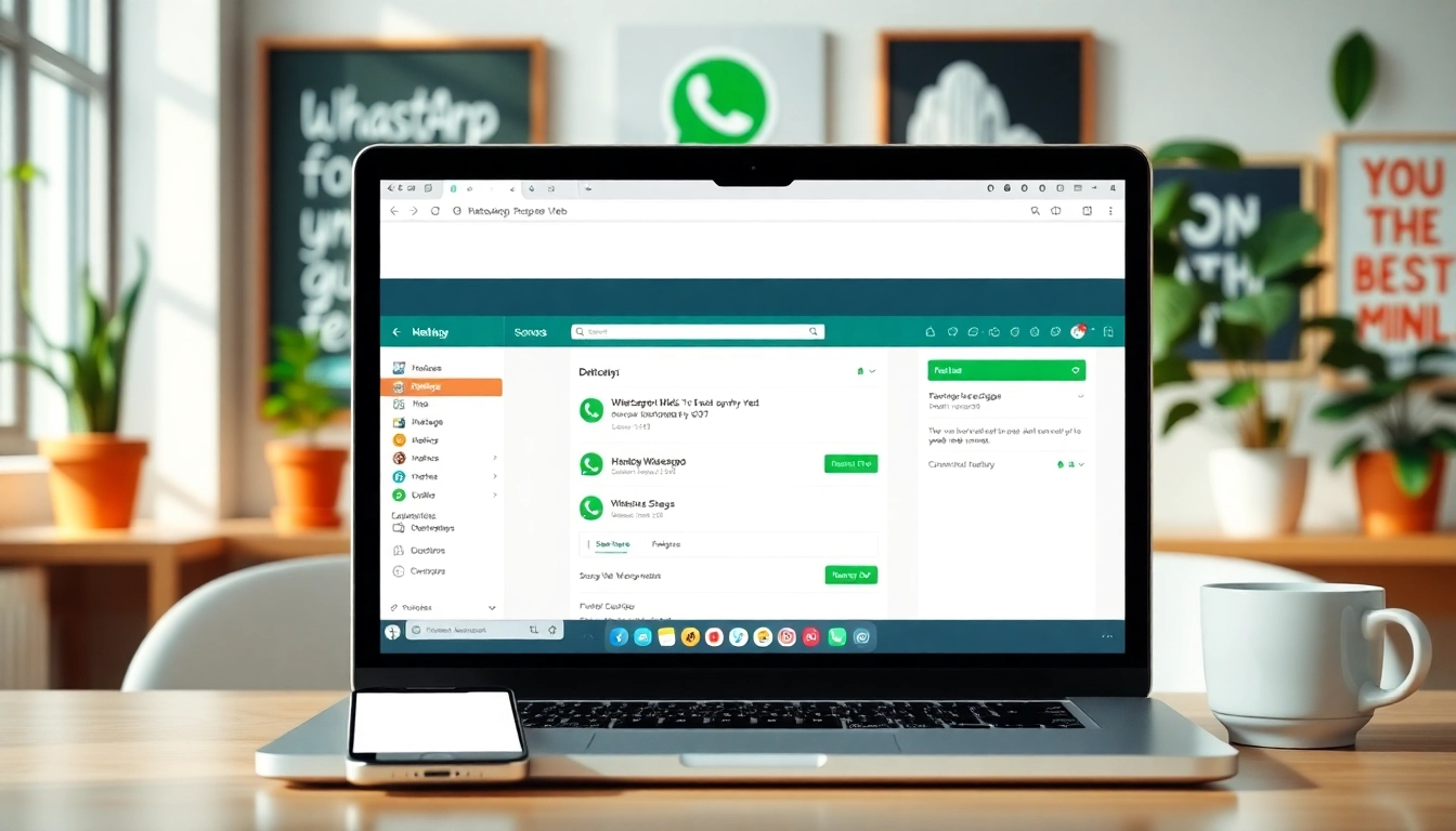 在笔记本上展示 WhatsApp Web 的沉浸式数字工作空间，突出快连官网的沟通体验。