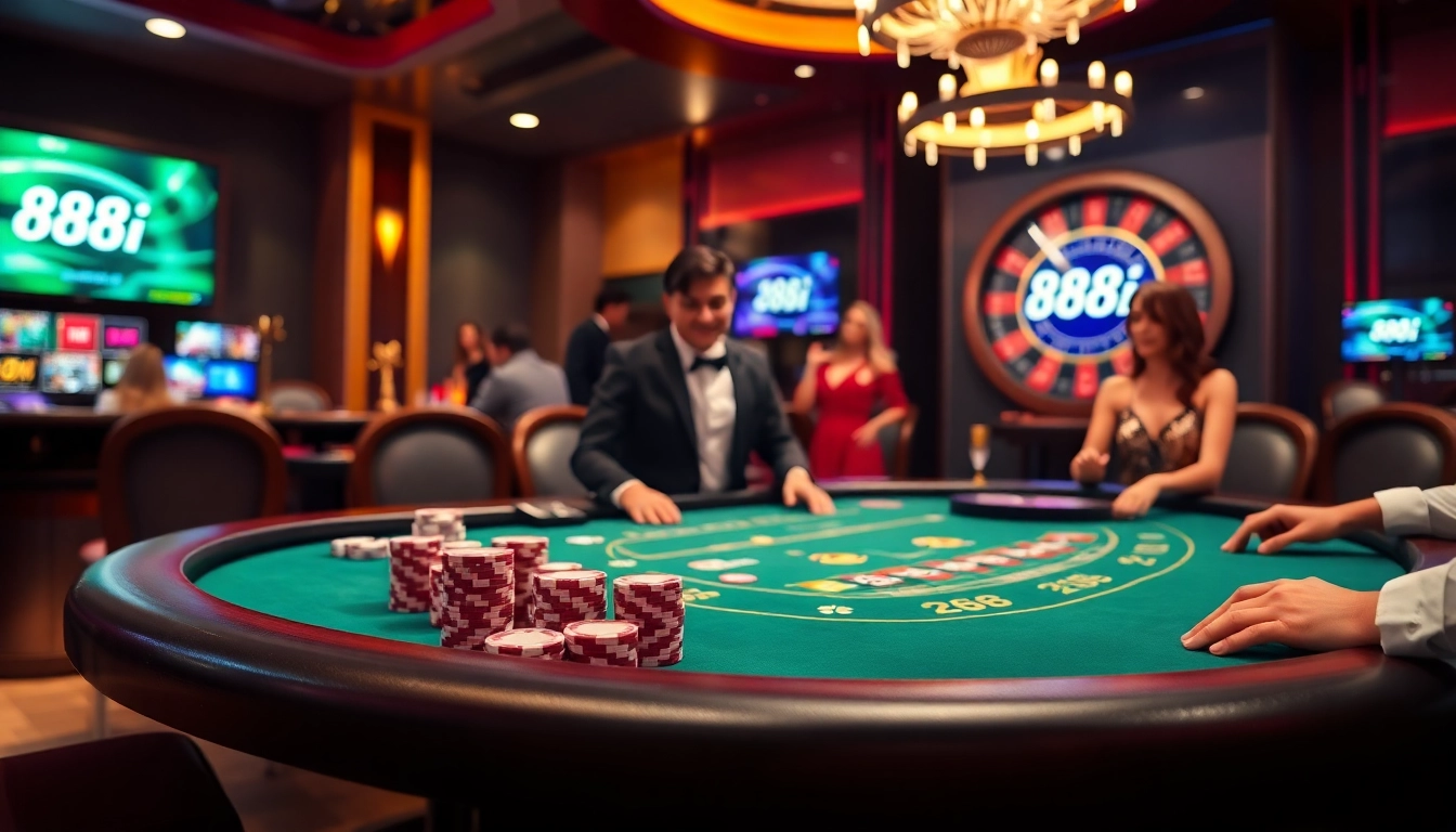 Experience thrilling table games at 88i, featuring a luxurious blackjack setup with professional dealers.