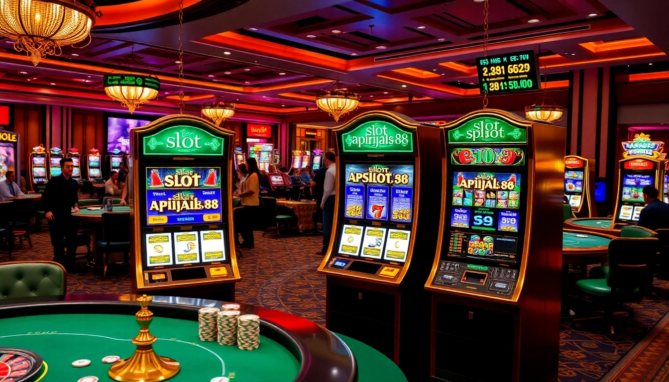 Players engaging with slot apiraja88 machines in a luxurious casino environment.