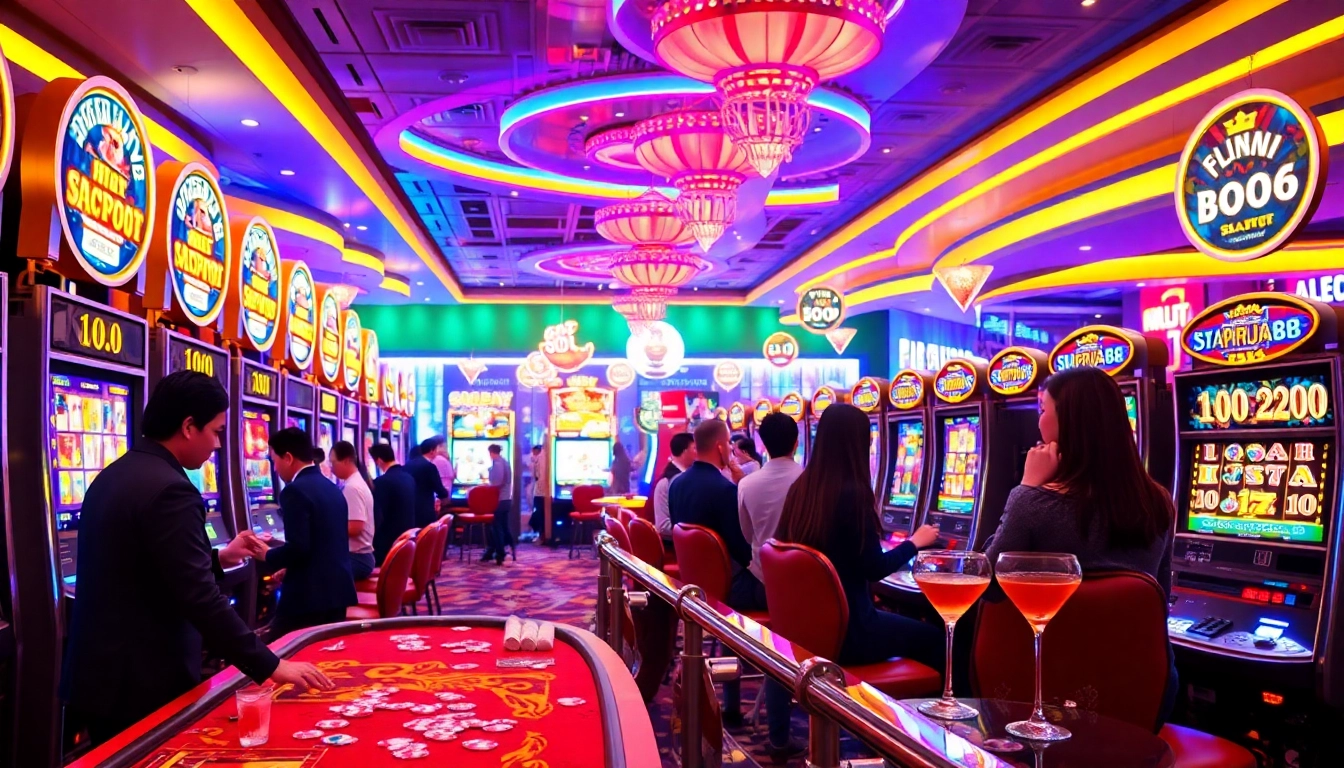 Players enjoying the slot apiraja88 machines in an exciting casino atmosphere.