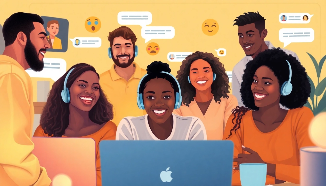مشهد دردشة ديناميكي يمثل شات دردشتي مع أفراد متنوعين يتواصلون عبر الفيديو والنص.
