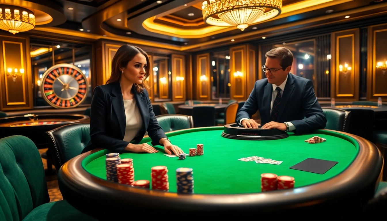 Immigration lawyer Brisbane consulting at a vibrant casino poker table during high-stakes game.