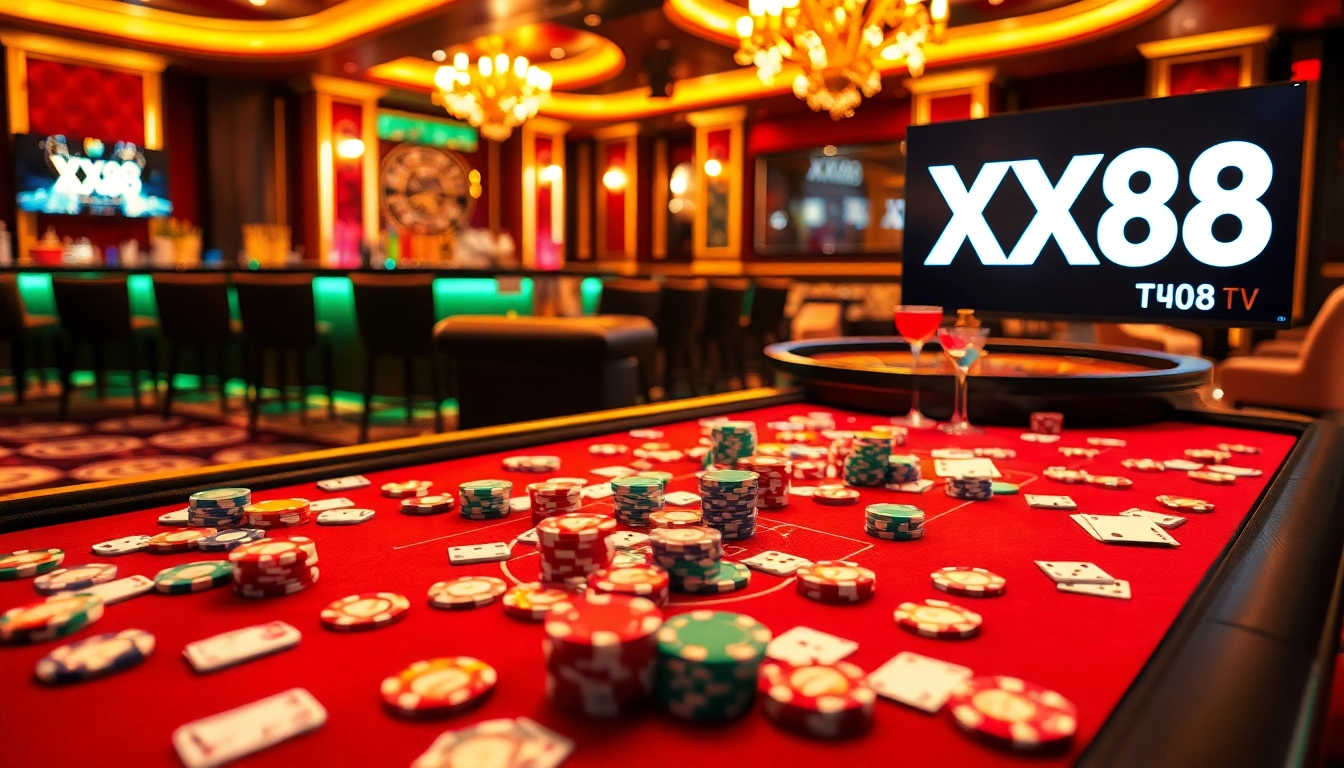 Thrilling XX88 TV gaming scene with vibrant casino table, poker chips and roulette wheel.