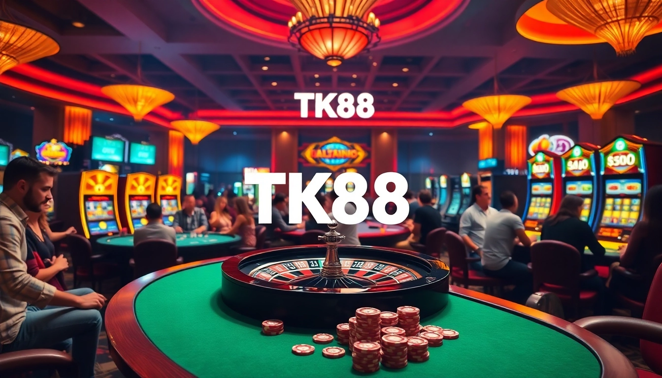 Experience high-stakes excitement at TK88 casino tables with vibrant gaming elements.