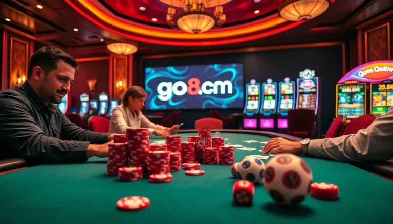 Engage in exciting casino games at go88.com with vibrant poker tables and lively players.