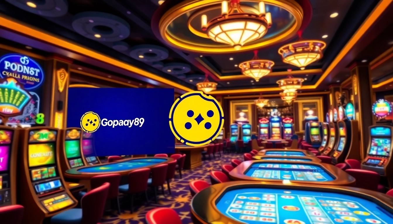 Gopay88 gaming interface displayed in a luxurious casino setting, featuring vibrant slot machines and poker chips.