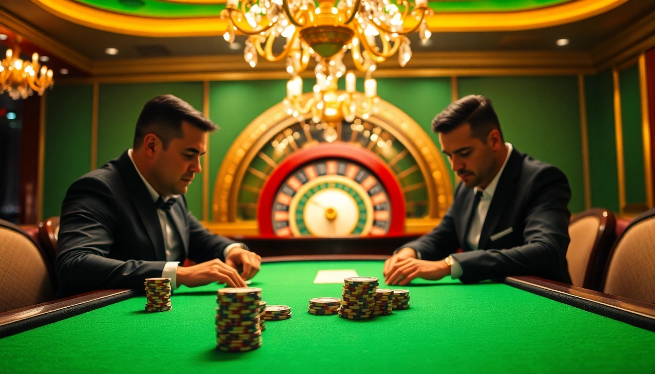 High-stakes gambling action at an elegant table, featuring lc88 poker chips and a roulette wheel.