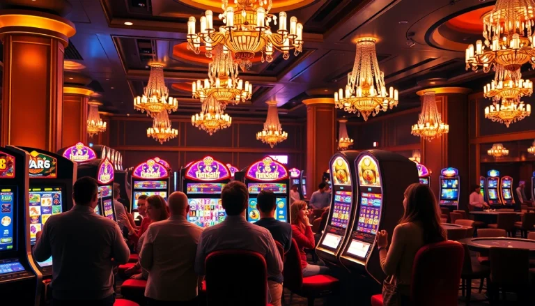 Cheerful players celebrate a jackpot win at idnslot machines in a luxurious casino.