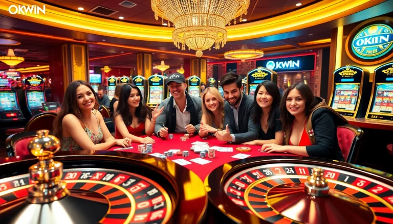 Players enjoying the excitement of a poker game at an OKWIN-branded casino.
