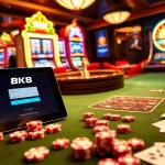Experience the excitement of BK8 login amidst a luxurious casino environment with vibrant gaming elements.