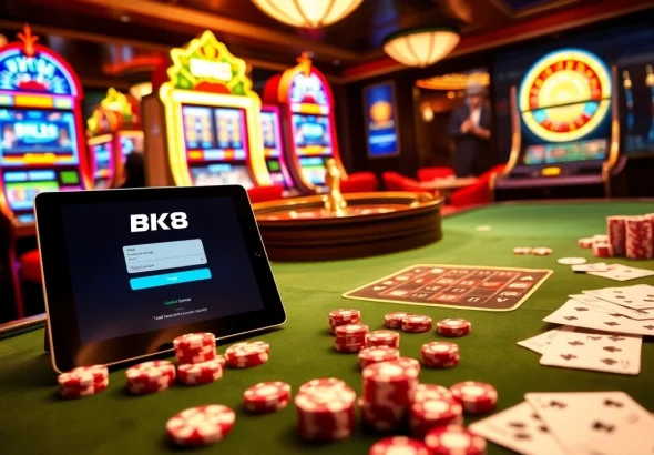 Experience the excitement of BK8 login amidst a luxurious casino environment with vibrant gaming elements.