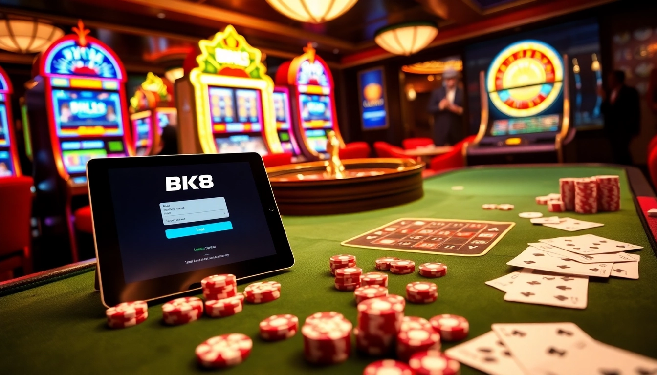 Experience the excitement of BK8 login amidst a luxurious casino environment with vibrant gaming elements.