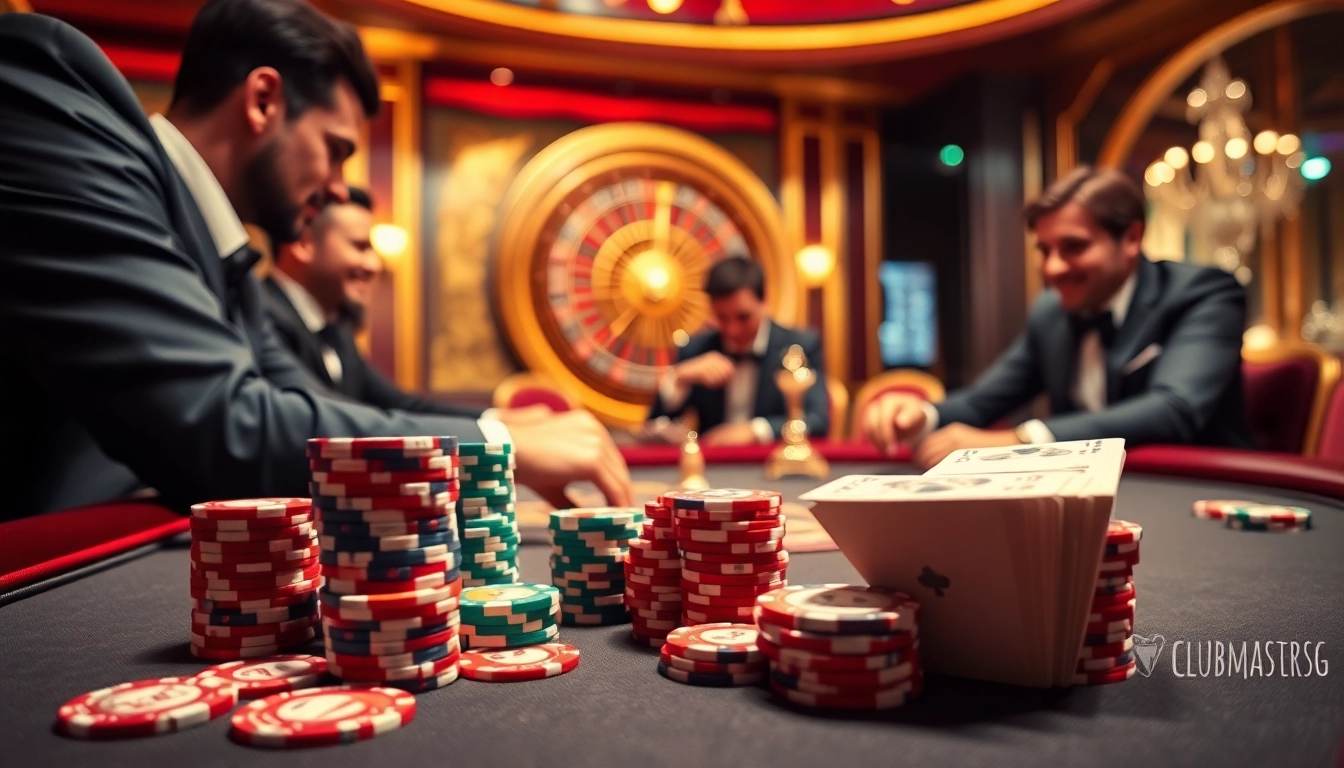 Experience the thrilling excitement of gambling at Clubmastersgg.com with poker chips and cards in play.