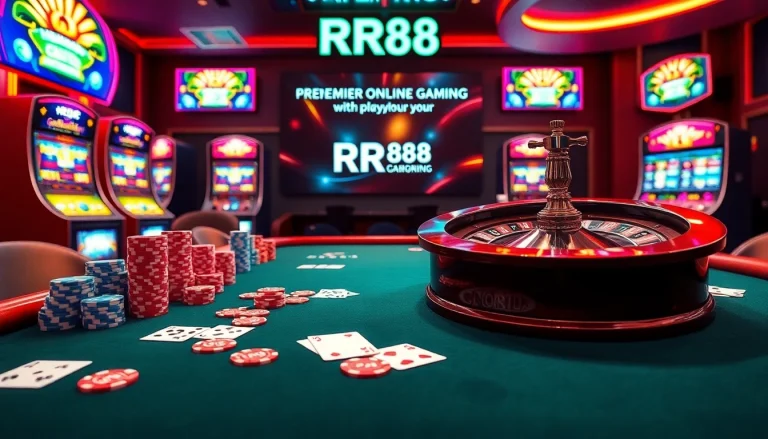 RR88 gaming table scene with vibrant poker chips, roulette wheel, and inviting atmosphere.