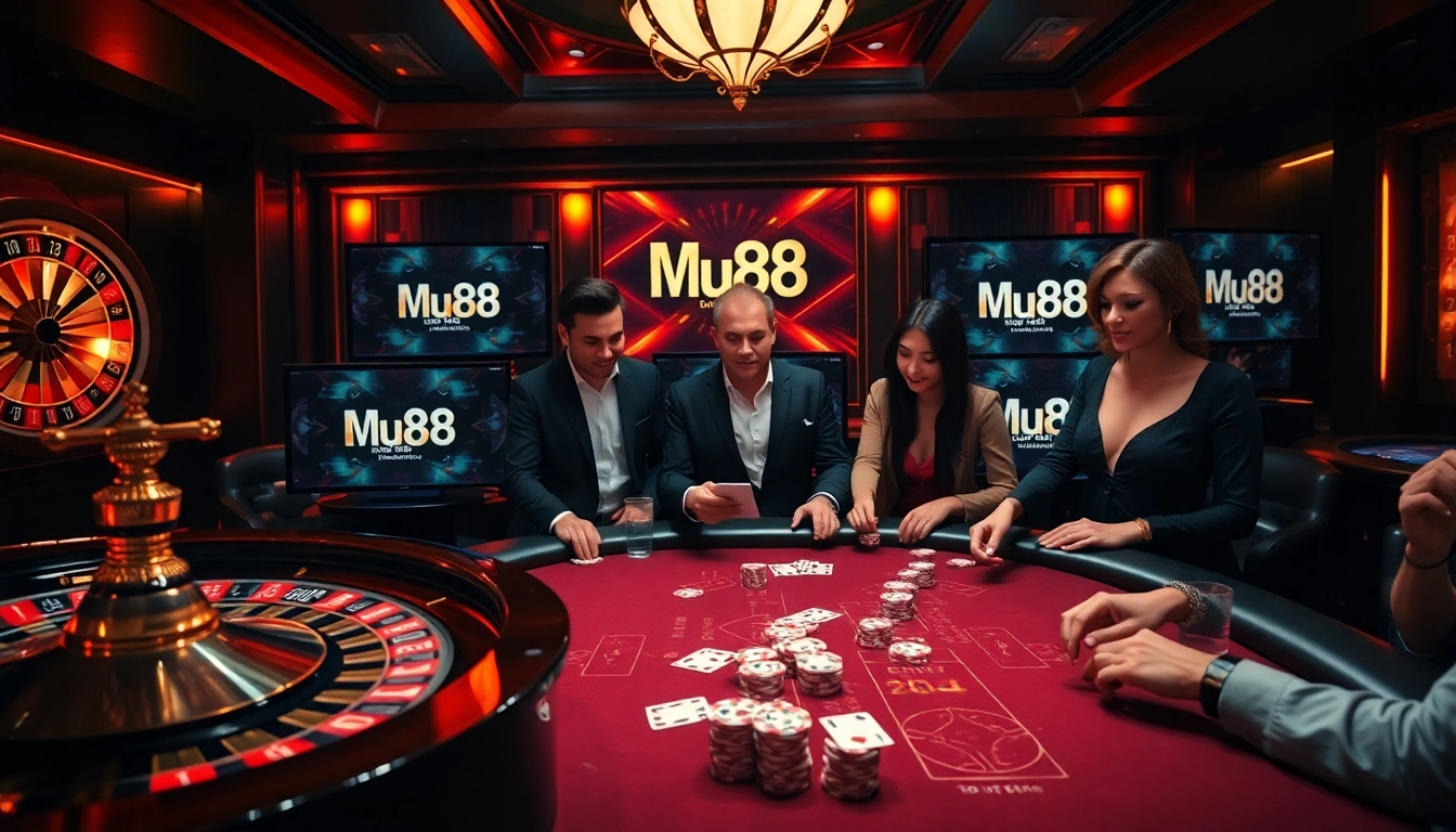 Mu88 Casino showcases thrilling gameplay at a luxurious gaming table with poker chips and cards.