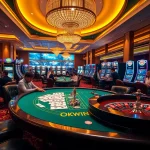 Experience the thrill of gaming at OKWIN's luxurious casino with vibrant tables and excited players.