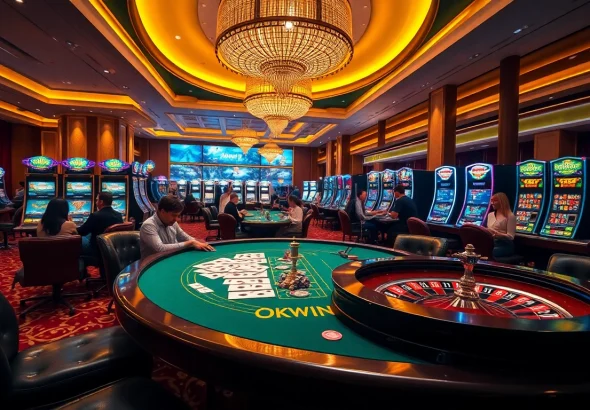 Experience the thrill of gaming at OKWIN's luxurious casino with vibrant tables and excited players.
