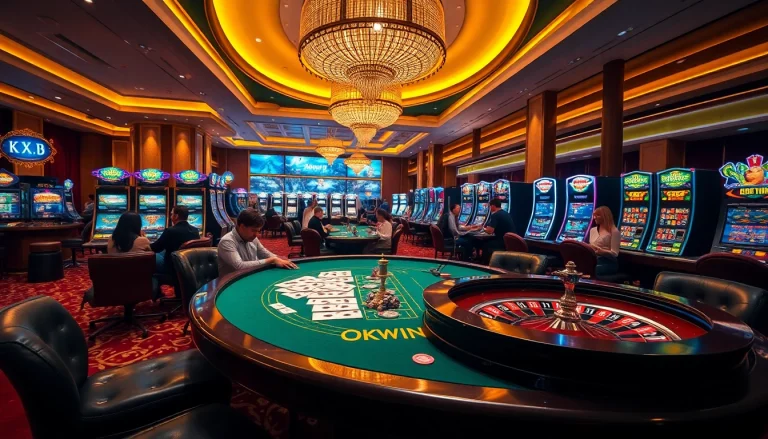 Experience the thrill of gaming at OKWIN's luxurious casino with vibrant tables and excited players.